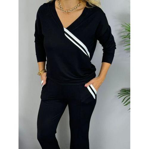 Kadın Uzun Kollu V Yakalı şerit Detaylı Viskon Iki Iplik Bluz Ve Pantolon Ikili Takım