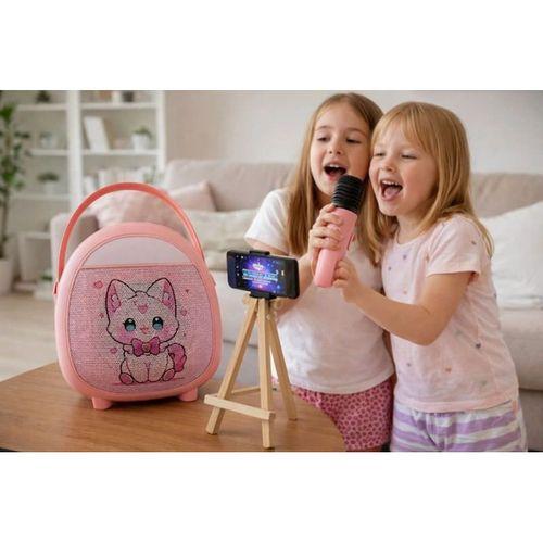 Çocuklara Özel Retro Tasarımlı Bluetooth Karaoke Mikrofon Ve Ahşap Tripodlu – Pembe