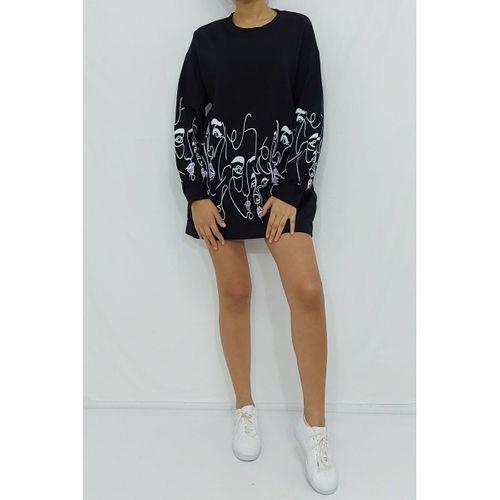 Önü Kolları Kız Baskılı Sweatshirt Siyah (CLZ)