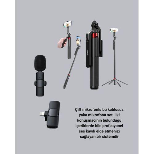 Kablosuz Çift Yaka Mikrofonu Ve Tripodlu Selfie Çubuğu İçerik Üretici Seti