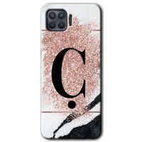 Oppo Reno 4 Lite Kılıf Baskılı Kapak - Pembe Mermer Desenli Ç Harfi + 5D Tam Kaplayan Cam