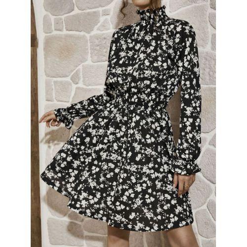 Kadın Uzun Kollu Balıkçı Yaka çiçek Baskılı Helen Kumaş Elbise