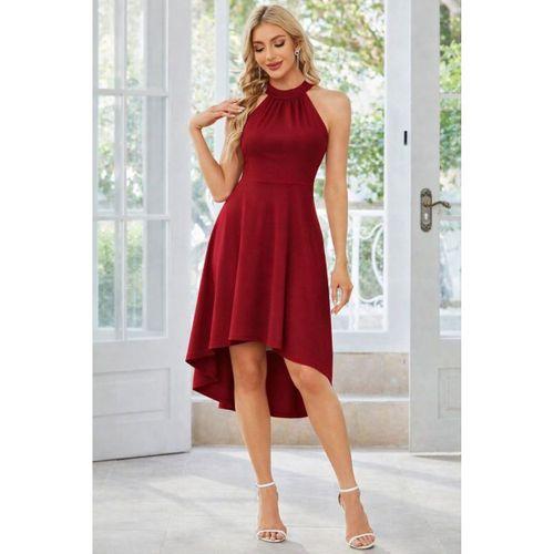 Kadın Omuzlardan Açık Boyundan Halka Detaylı Görünümlü Asimetrik Detaylı Kısa Ithal Krep Elbise