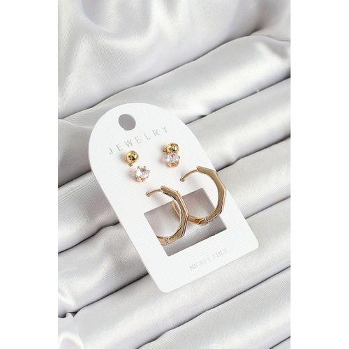 Pirinç Zirkon Taş Ve Kemik Halka Figürlü Gold Renk 3'lü Çift Kadın Küpe Set