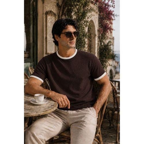 Miyazaki Regular Fit %100 Pamuk Waffle Box Bisiklet Yaka Erkek T-Shirt - Kahve