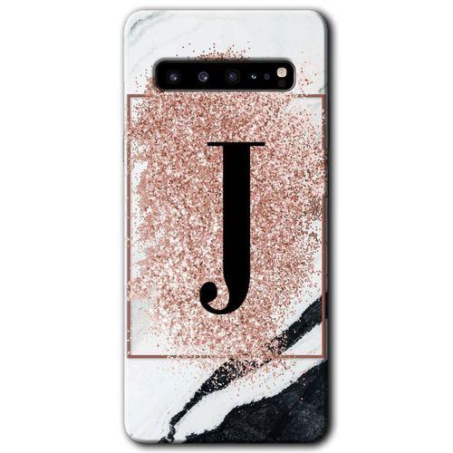 Samsung Galaxy S10 Plus Kılıf HD Desen Baskı Arka Kapak + TemperliCam - Pembe Mermer Desenli J Harf