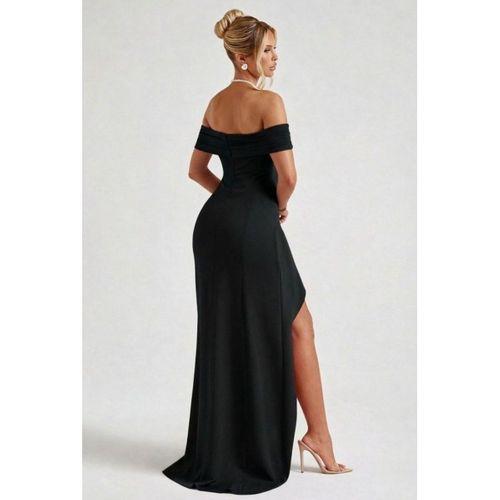 Kadın Madonna Yaka Pileli Derin Yırtmaçlı Uzun Ithal Krep Elbise