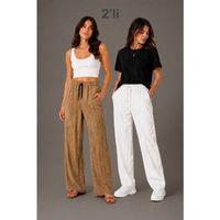 2li Bürümcük Kumaş Beli Lastikli Bağcıklı Bol Paça Pantolon - Beyaz/Vizon