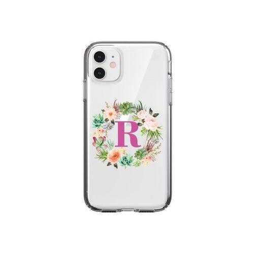 Mor Çiçekli R Harfli Şeffaf iPhone 11  Telefon Kılıfı