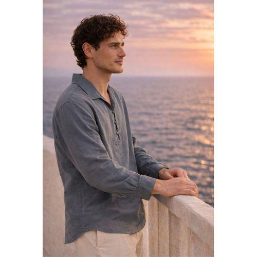 Baldwin Apaş Yaka Britli 3 Düğmeli İnce Modal Kumaş Oversize Uzun Kollu Yazlık Erkek Gömlek - Füme