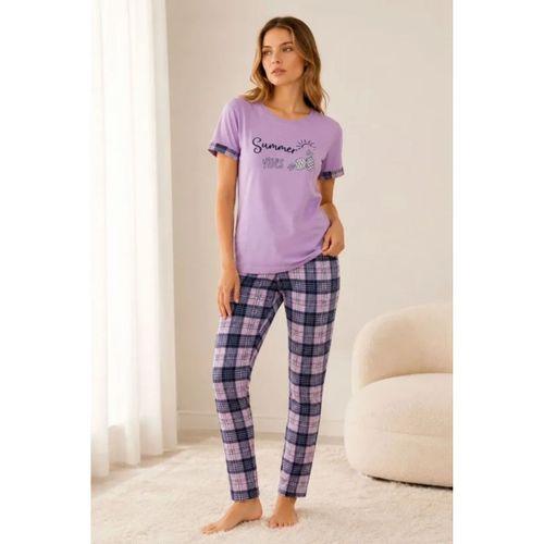 Pamuklu Penye Summer Baskılı Kısa Kollu Pijama Takımı Bisiklet Yaka Ekose Desenli - Lila
