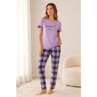 Pamuklu Penye Summer Baskılı Kısa Kollu Pijama Takımı Bisiklet Yaka Ekose Desenli - Lila
