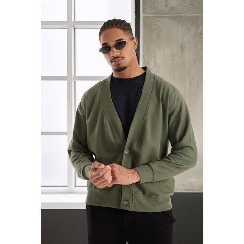 Potter Dokulu Selanik Kumaş Oversize Basic 3 Düğmeli Erkek Hırka - Avcı Yeşili