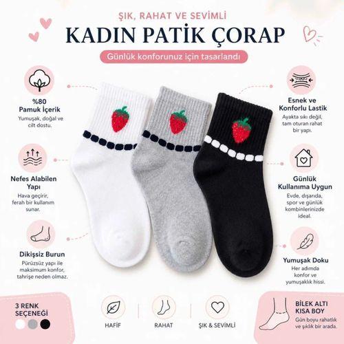 Kadın Çilek Desenli Kısa Konç Çorap 12'li | %80 Pamuklu Dikişsiz, Siyah Beyaz Gri