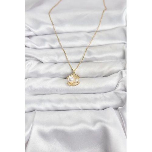 316L Çelik Zincir Gold Renk İstiridye İnci Model Zirkon Taşlı Kadın Kolye