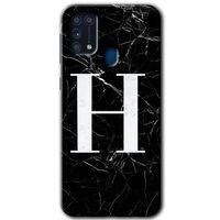 MRCİLETİSİM Samsung Galaxy M31 Kılıf Baskılı Kapak - Siyah Mermer Desenli H Harfi +Tam Kaplayan Mat Seramik
