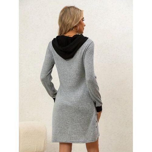 Kadın Uzun Kollu Kapşonlu önden Fermuarlı Düğmeli Mini Iki Iplik Elbise