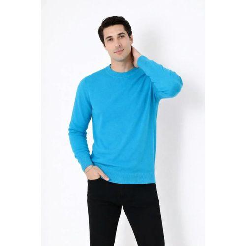 Erkek Bisiklet Yaka Triko Kazak Yumuşak Dokulu Pamuklu Ince Dokuma, Uzun Kollu Rahat Regular Kalıp - Mavi