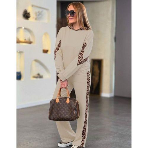 Kadın Uzun Kollu Leopar Detaylı Viskon Iki Iplik Eşofman Takımı