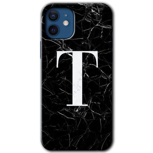 iPhone 12 Kılıf HD Desen Baskılı Arka Kapak - Siyah Mermer Desenli T Harfi