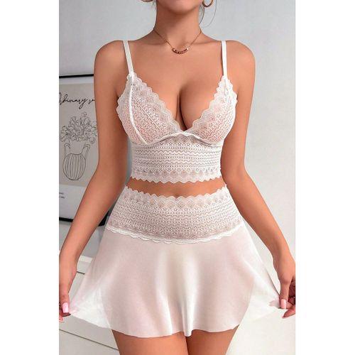 Kadın Beyaz Dantel Ve Tül Detaylı Etekli Şık Gecelik Takımı