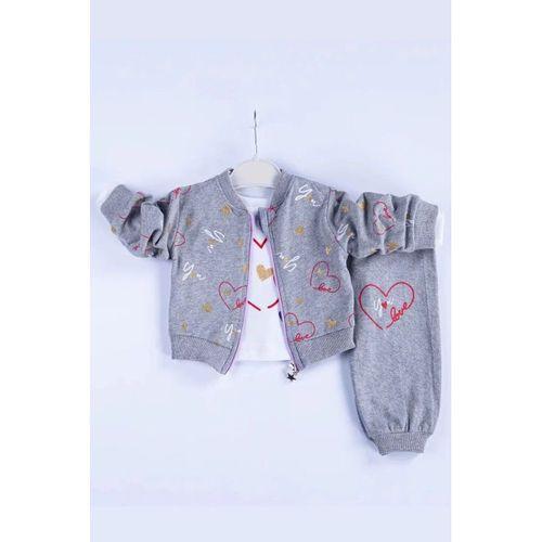 Kalp Desenli Hırkalı Pamuklu 3'lü Kız Bebek Takımı