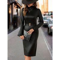 Kadın Uzun Kollu Balıkçı Yaka Kemerli Midi Sıvama Deri Elbise