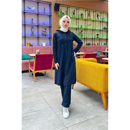 Kapşonlu Düğmeli Sade Basic Uzun Tunik ve Pantolon İkili Spor Takım - 03072.015 - Lacivert