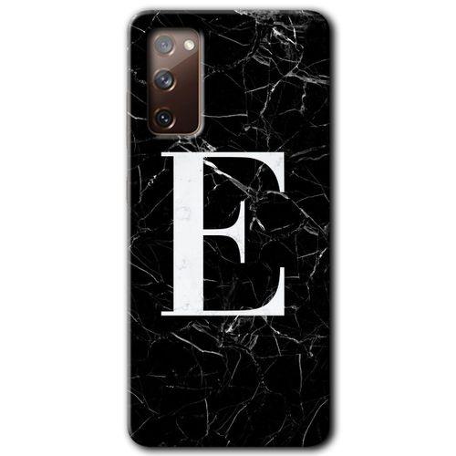 Samsung Galaxy S20 FE Kılıf HD Desen Baskı Arka Kapak + Temperli Cam - Siyah Mermer Desenli E Harfi