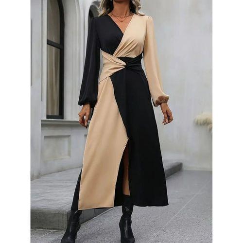 Kadın Uzun Kollu Kruvaze Yakalı Belden çapraz Detaylı çift Renkli Midi Ithal Krep Elbise