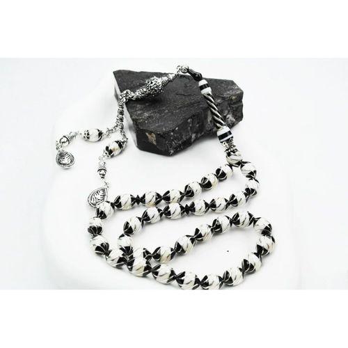 Oltu Taşı Beyzi Model  İşlemeli Altılı Çeşmi Bülbül  Beyaz Galalith Tespih