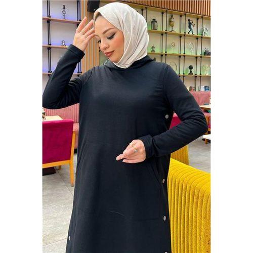 Kapşonlu Yandat Çıtçıtlı Sade Basic Uzun Tunik ve Pantolon İkili Spor Takım - 03071.003 - Siyah