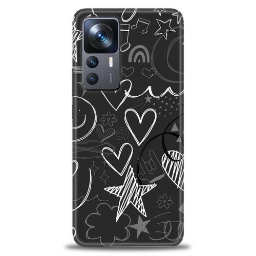 Xiaomi Mi 12T Pro Kılıf HD Baskılı Kılıf - Siyah Kalp ve Notalar + Tam Ekran Koruyucu