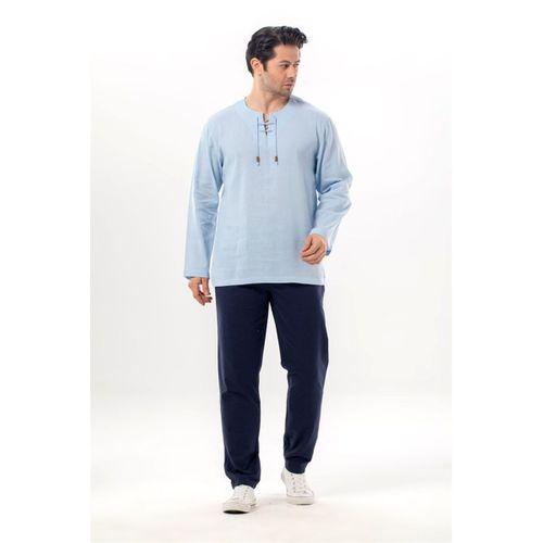 Büyük Beden Şile Bezi Uzun Kol Zımbalı Erkek Yazlık Tshirt Buz Mavi 3027