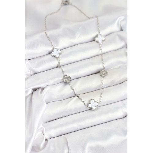 316L Çelik Zincir Gümüş Renk Beyaz ve Zirkon Taşlı Yonca Kadın Kolye