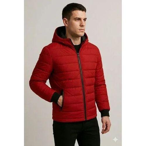 Erkek Şişme Kapüşonlu Fermuarlı Mont Su Itici Kapitone Astarlı Kumaş Cepli Kışlık Rahat Kalıp - Kırmızı