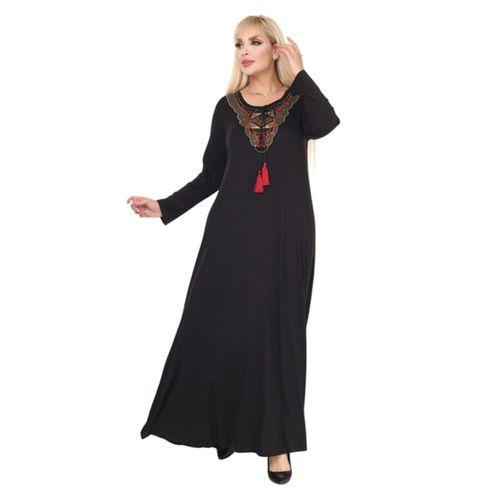 Melsay Butik Siyah Etnik Yaka Kırmızı Püskül Detay Uzun Elbise