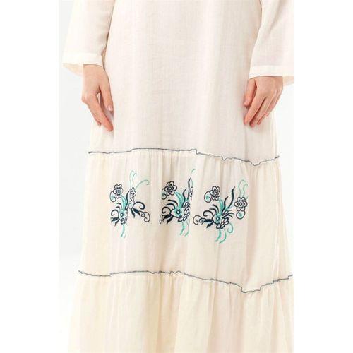 Uzun Kol Venedik Nakışlı Şile Bezi Otantik Uzun Elbise Krem Krm