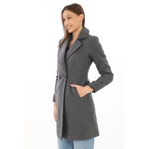 Kaşe Kaban – Siyah Yünlü Dokuma, Kruvaze Yaka, Astarlı, Cepli, Kuşaklı Uzun Boy Tesettür Uyumlu Kışlık Şık Kaban - Füme