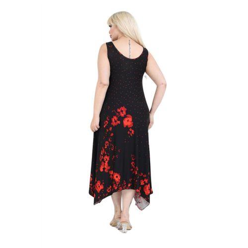 Melsay Butik Siyah Askılı V Yaka Kırmızı Puanlı Gelincik Desen Elbise