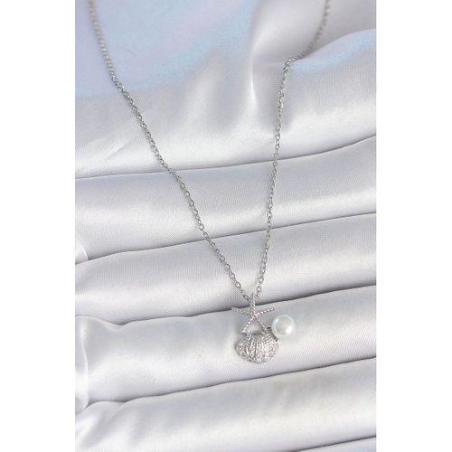 316L Çelik Gümüş Renk Zincir Zirkon Taşlı Deniz Kabuğu Model İnci Detay Kadın Kolye