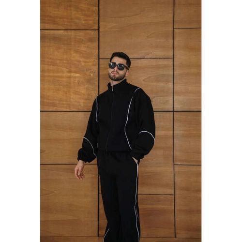 Erkek Premium Parçalı Eşofman Takım - Dik Yaka Fermuarlı Biyeli Sweatshirt Lastik Paça Alt, Oversize 3 Iplik Şardonlu - Siyah