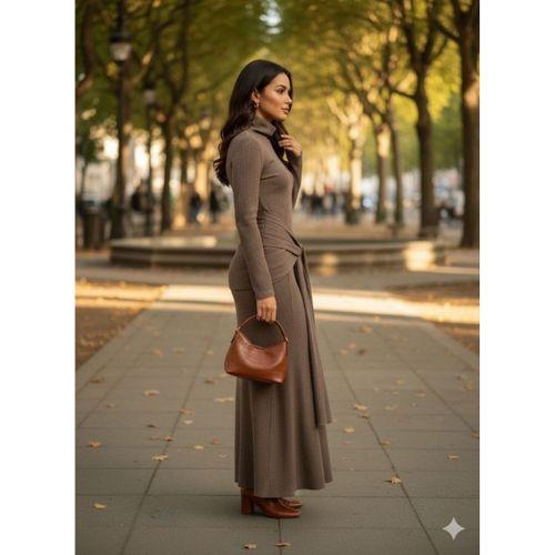 Kadın Uzun Kollubalıkçı Yaka Bürümcük Kumaş Kuşak Dahilkalem Elbise