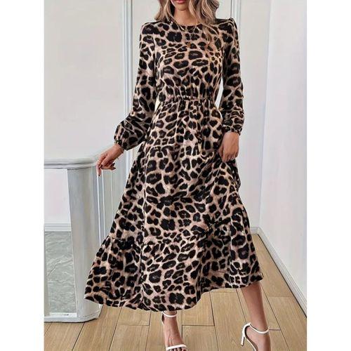 Uzun Kollu Bisiklet Yaka Leopar Desenli Midi Süprem Elbise