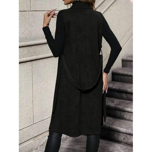 Kadın Kolsuz Yakalı önü Açık Belden Kuşaklı Süet Midi Yelek