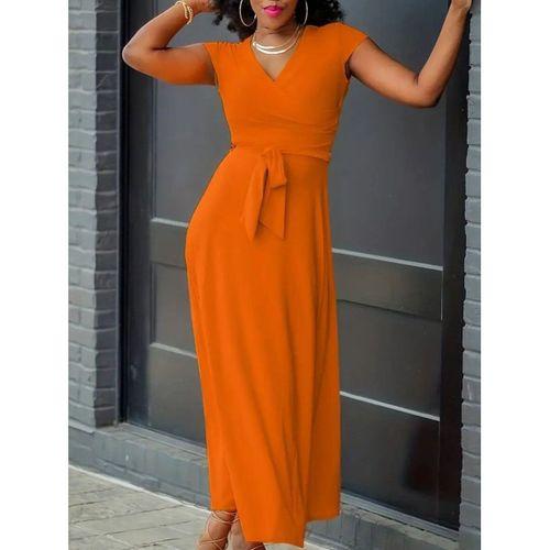 Kadın Kısa Kollu V Yakalı Belden Kuşaklı Maksi Boy Viskon Elbise