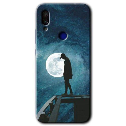 MRCİLETİSİM Xiaomi Redmi Note 7 Kılıf Baskılı Kapak - Dolunay Yalnızlık + 5D Tam Kaplayan Cam