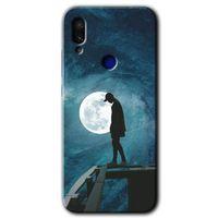 MRCİLETİSİM Xiaomi Redmi Note 7 Kılıf Baskılı Kapak - Dolunay Yalnızlık + 5D Tam Kaplayan Cam