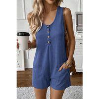 Kadın Omuz Askılı önden Düğmeli Waffle Kısa Tulum