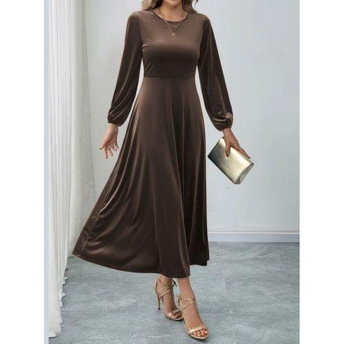 Kadın Uzun Kollu Bisiklet Yaka Midi Kadife Elbise